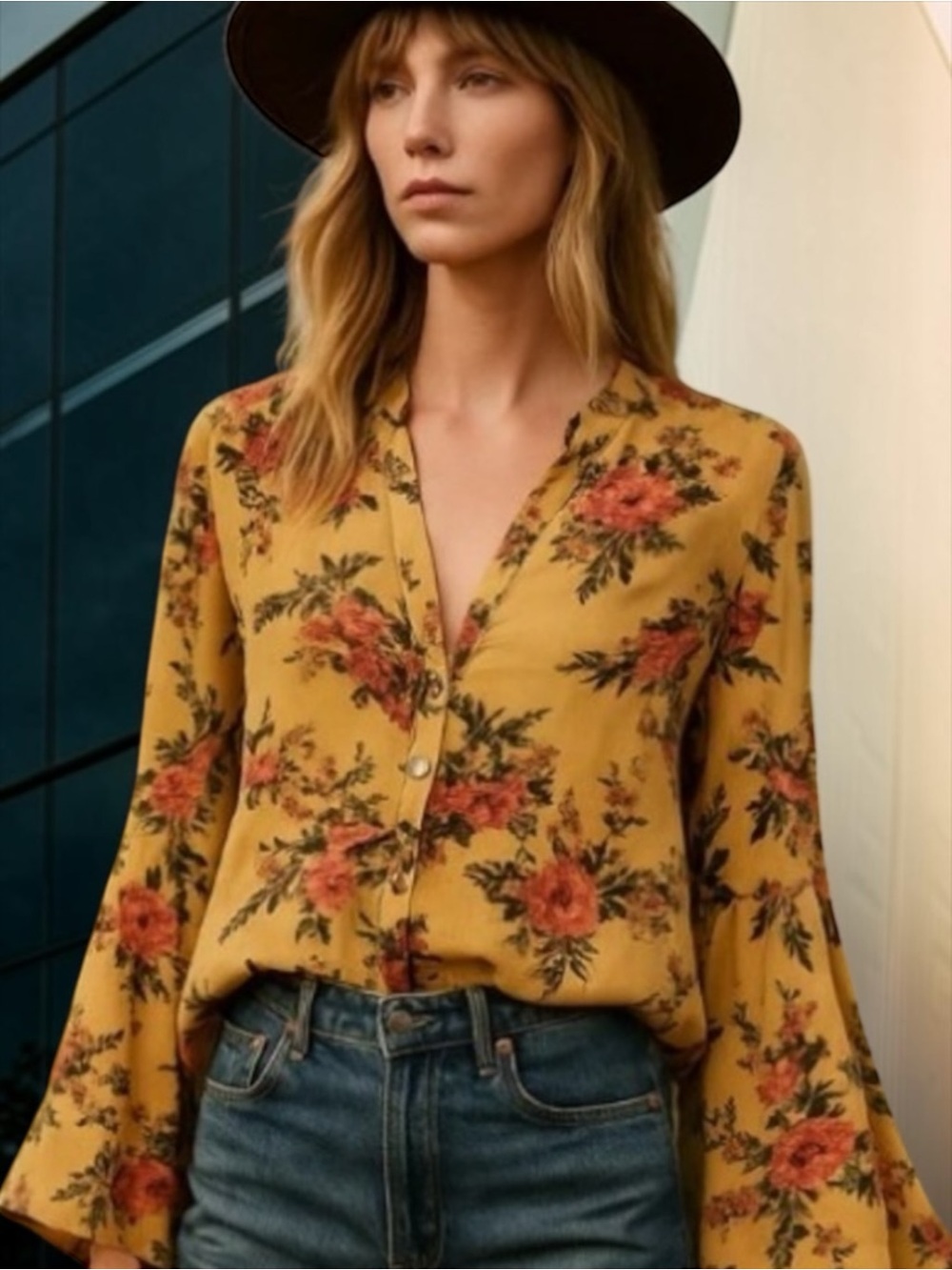Free People Easy Girl Tunic High-Low Top Yellow Floral Bell Sleeve Size S